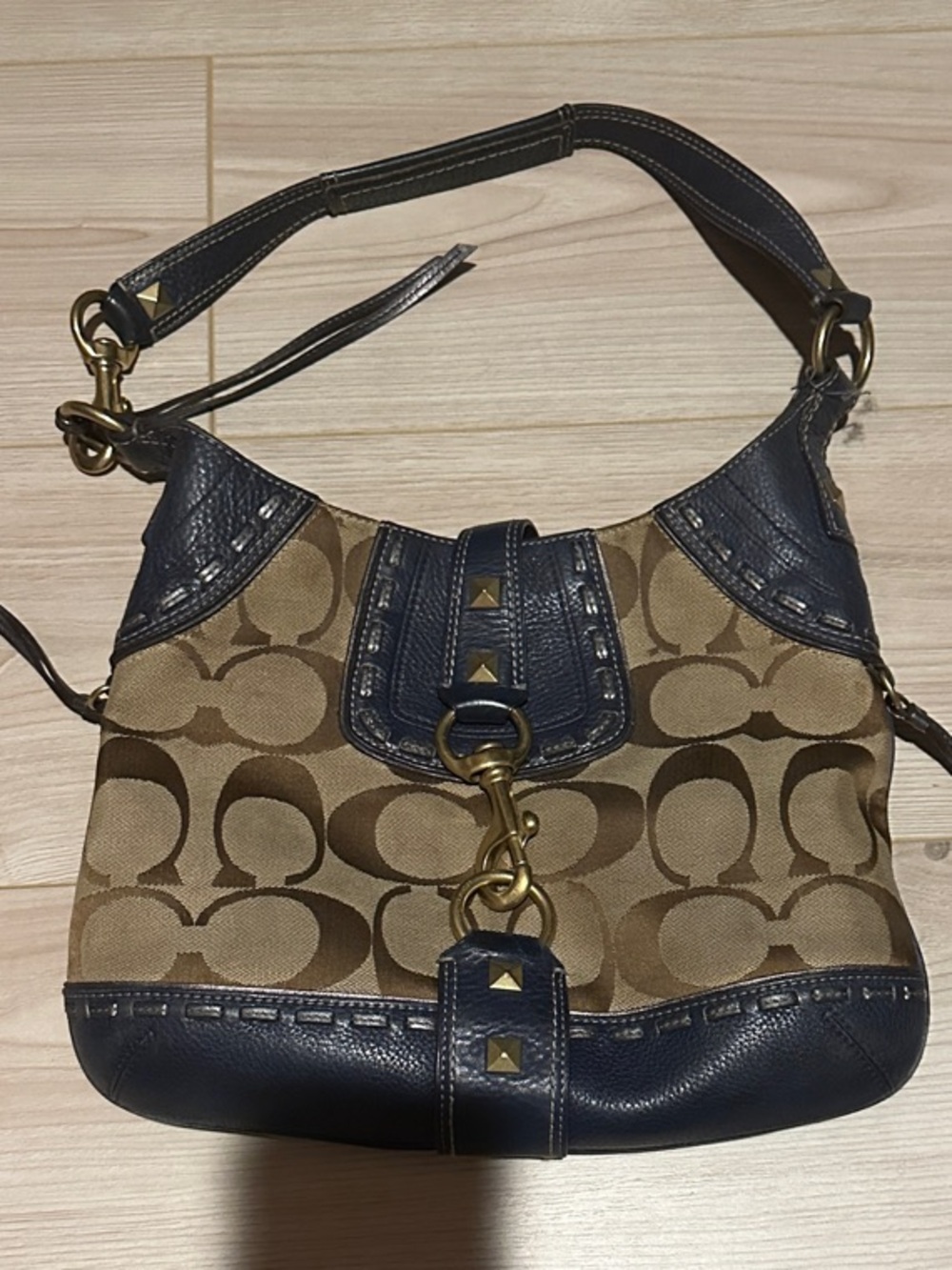 Coach Brown Signature Canvas Shoulder Bag with Navy Leather Trim